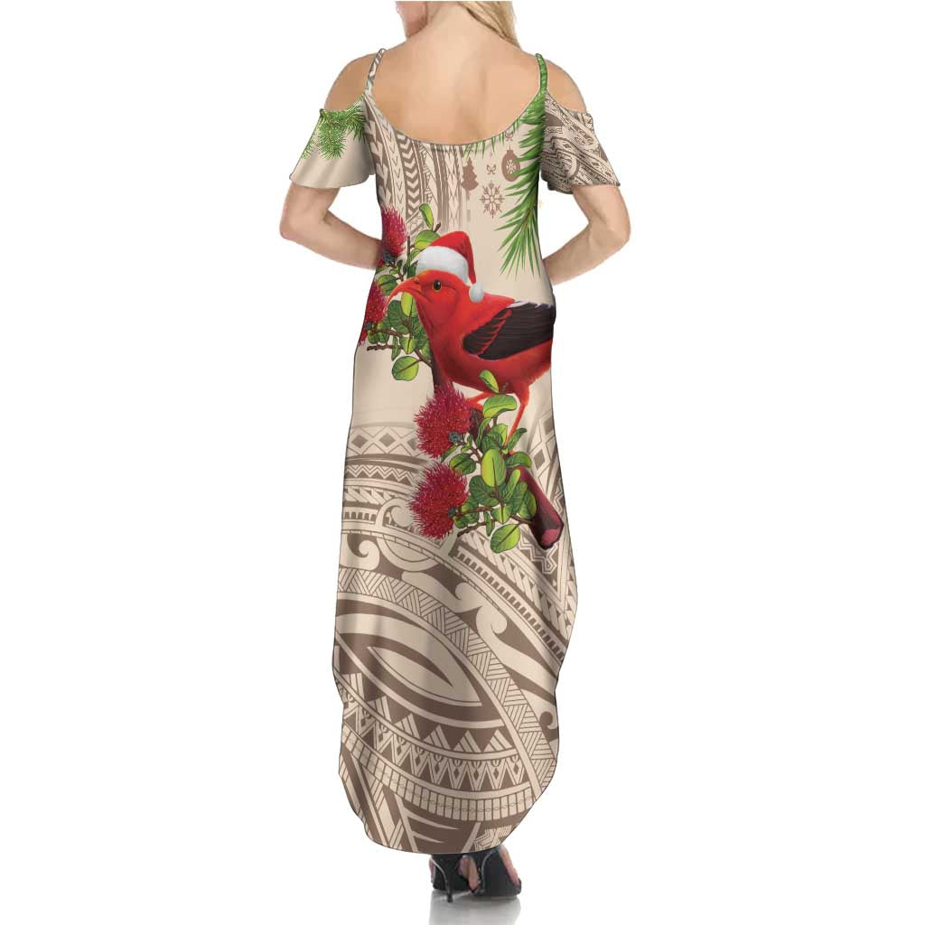 Christmas Hawaii with I'iwi Bird Family Matching Summer Maxi Dress and Hawaiian Shirt Aloha Mele Kalikimaka - Beige Art