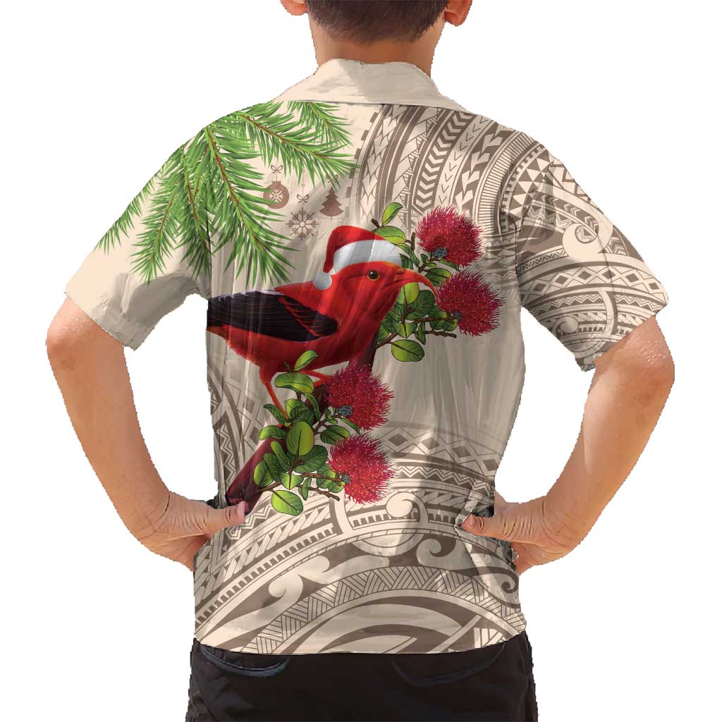 Christmas Hawaii with I'iwi Bird Family Matching Tank Maxi Dress and Hawaiian Shirt Aloha Mele Kalikimaka - Beige Art LT9 - Polynesian Pride