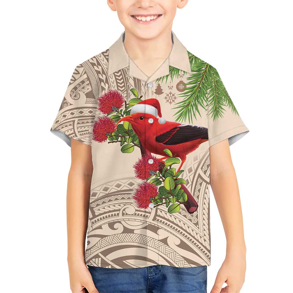 Christmas Hawaii with I'iwi Bird Family Matching Tank Maxi Dress and Hawaiian Shirt Aloha Mele Kalikimaka - Beige Art LT9 Son's Shirt Beige - Polynesian Pride