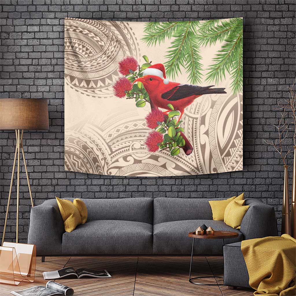 Christmas Hawaii with I'iwi Bird Tapestry Aloha Mele Kalikimaka - Beige Art LT9 Beige - Polynesian Pride