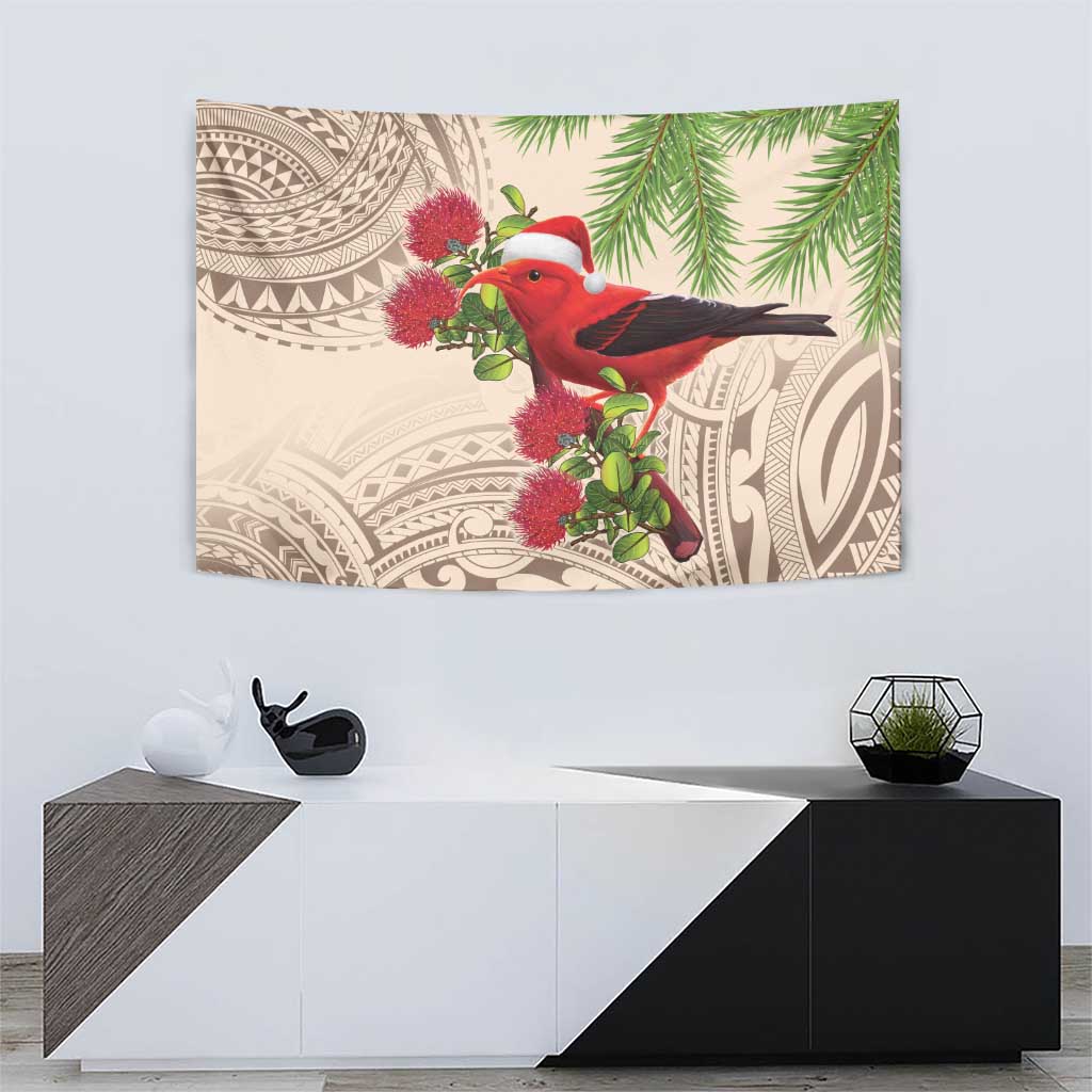 Christmas Hawaii with I'iwi Bird Tapestry Aloha Mele Kalikimaka - Beige Art LT9 - Polynesian Pride