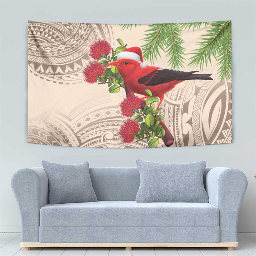 Christmas Hawaii with I'iwi Bird Tapestry Aloha Mele Kalikimaka - Beige Art LT9 - Polynesian Pride