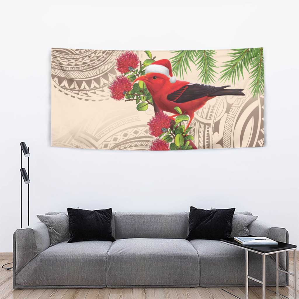 Christmas Hawaii with I'iwi Bird Tapestry Aloha Mele Kalikimaka - Beige Art LT9 - Polynesian Pride