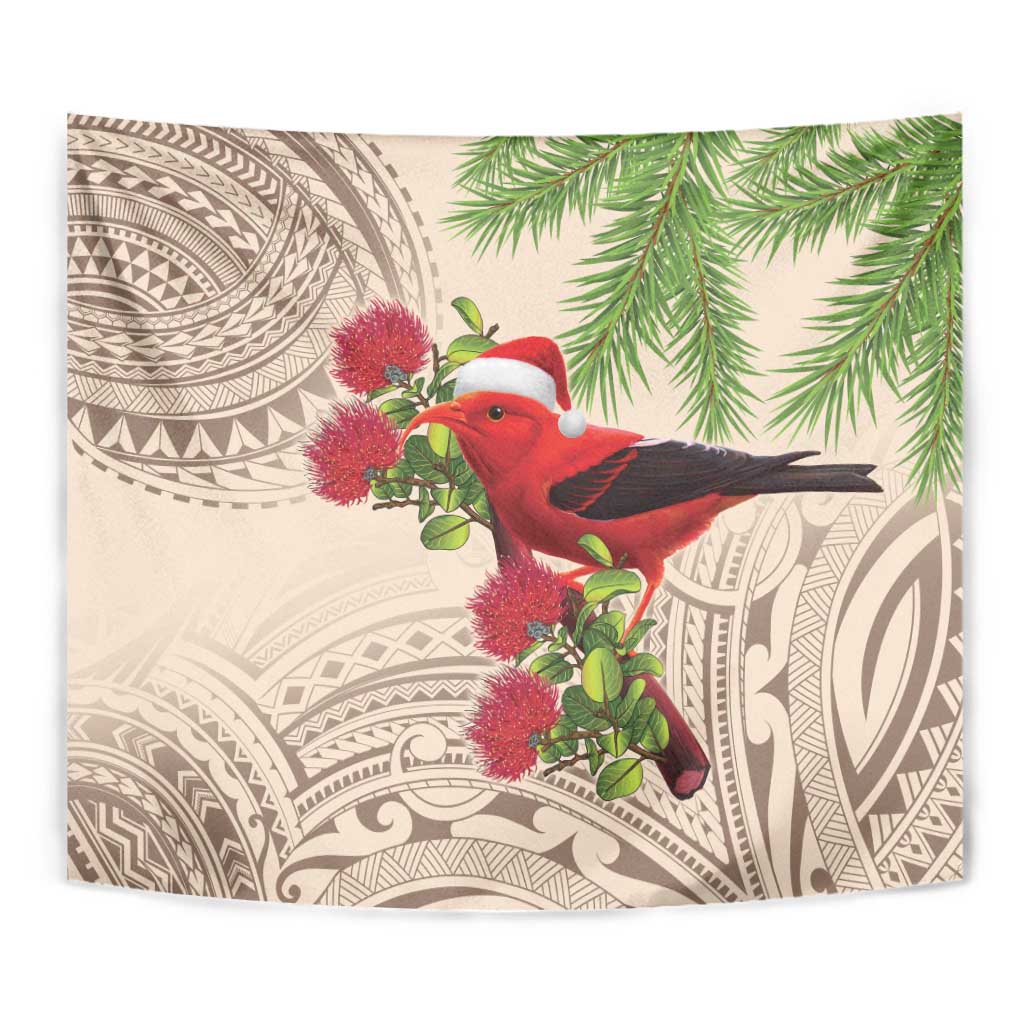 Christmas Hawaii with I'iwi Bird Tapestry Aloha Mele Kalikimaka - Beige Art LT9 - Polynesian Pride