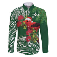 Christmas Hawaii with I'iwi Bird Family Matching Mermaid Dress and Hawaiian Shirt Aloha Mele Kalikimaka - Green Art LT9 Dad's Shirt - Long Sleeve Green - Polynesian Pride