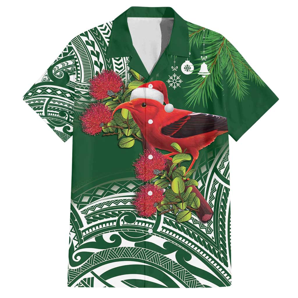 Christmas Hawaii with I'iwi Bird Family Matching Off Shoulder Short Dress and Hawaiian Shirt Aloha Mele Kalikimaka - Green Art