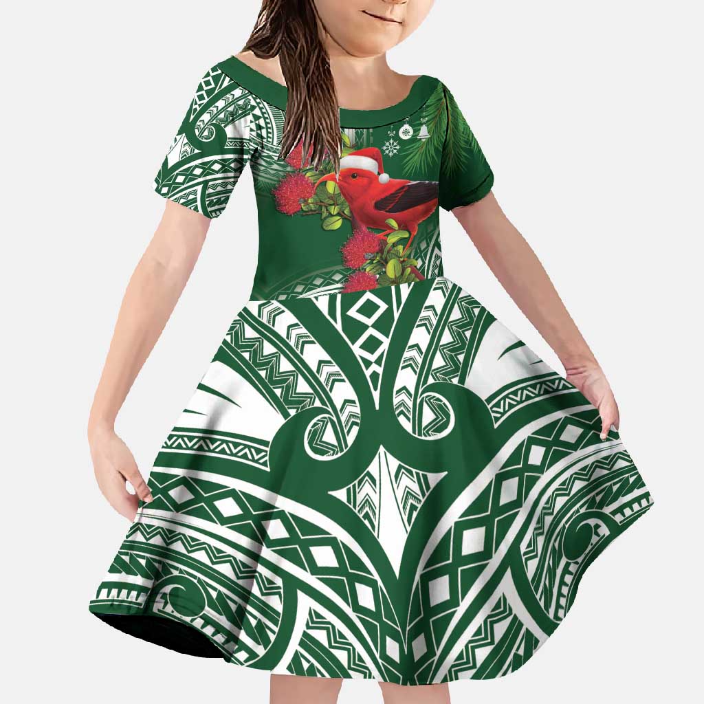 Christmas Hawaii with I'iwi Bird Family Matching Tank Maxi Dress and Hawaiian Shirt Aloha Mele Kalikimaka - Green Art LT9 Daughter's Dress Green - Polynesian Pride