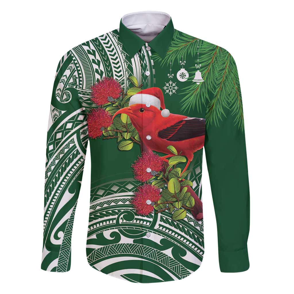 Christmas Hawaii with I'iwi Bird Family Matching Tank Maxi Dress and Hawaiian Shirt Aloha Mele Kalikimaka - Green Art LT9 Dad's Shirt - Long Sleeve Green - Polynesian Pride
