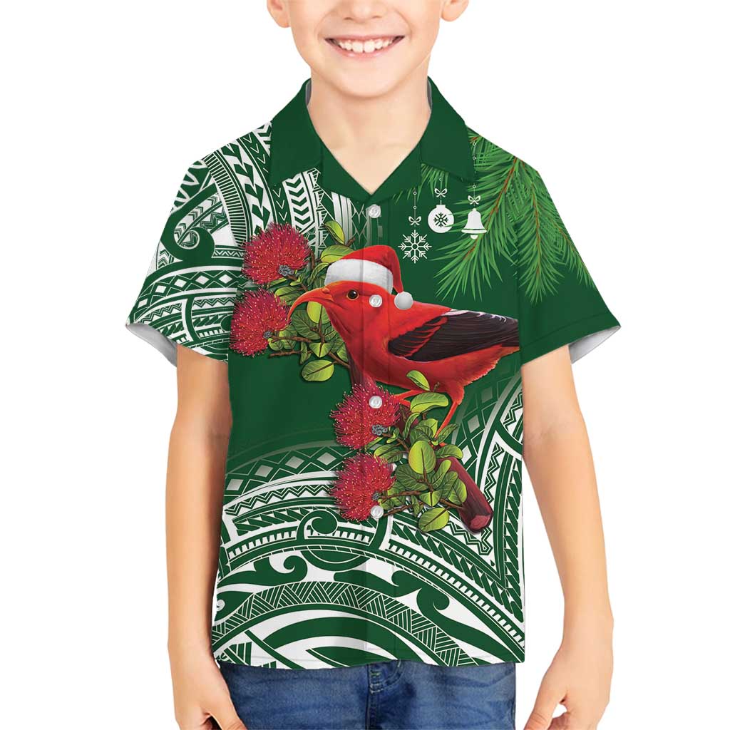 Christmas Hawaii with I'iwi Bird Family Matching Tank Maxi Dress and Hawaiian Shirt Aloha Mele Kalikimaka - Green Art LT9 Son's Shirt Green - Polynesian Pride