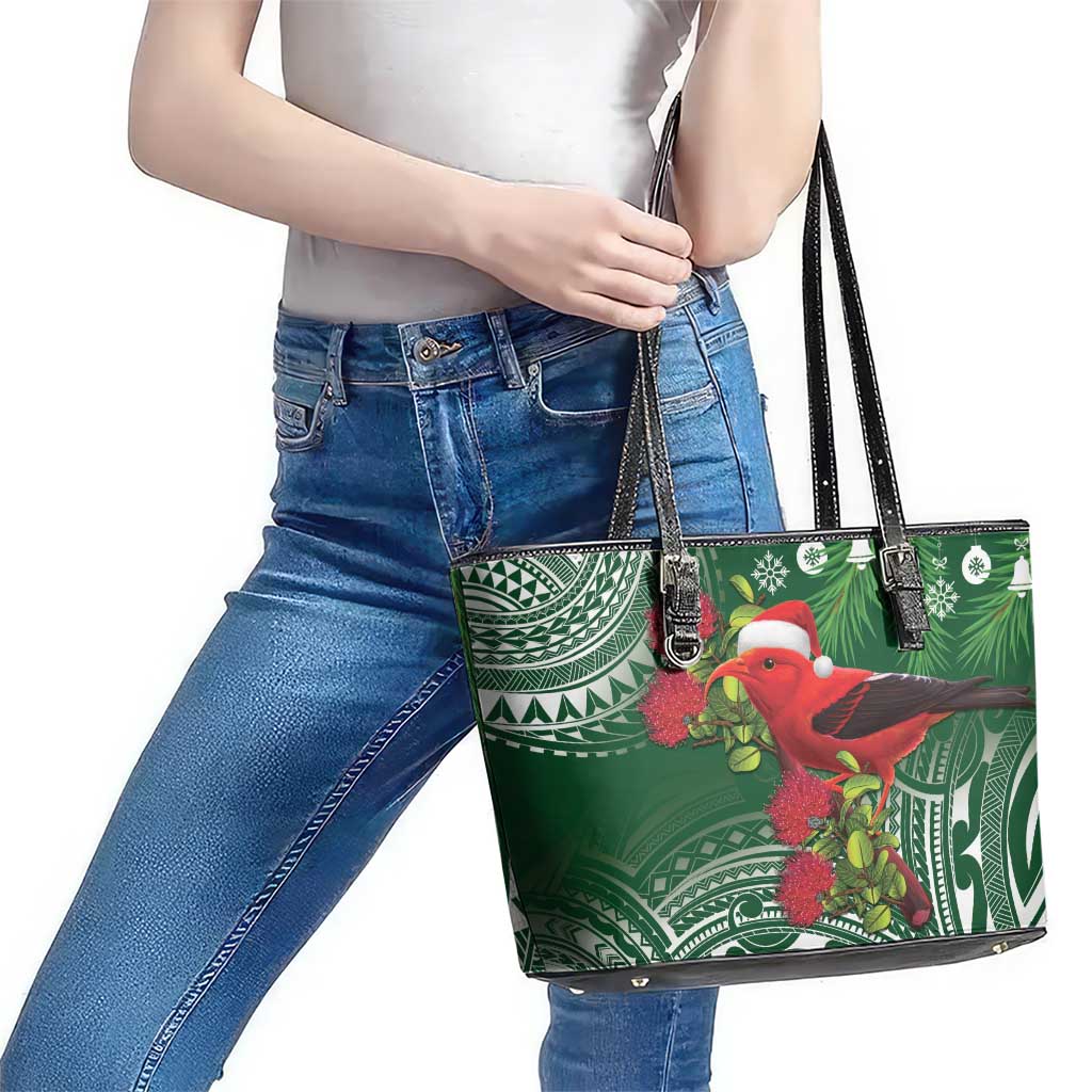 Christmas Hawaii with I'iwi Bird Leather Tote Bag Aloha Mele Kalikimaka - Green Art