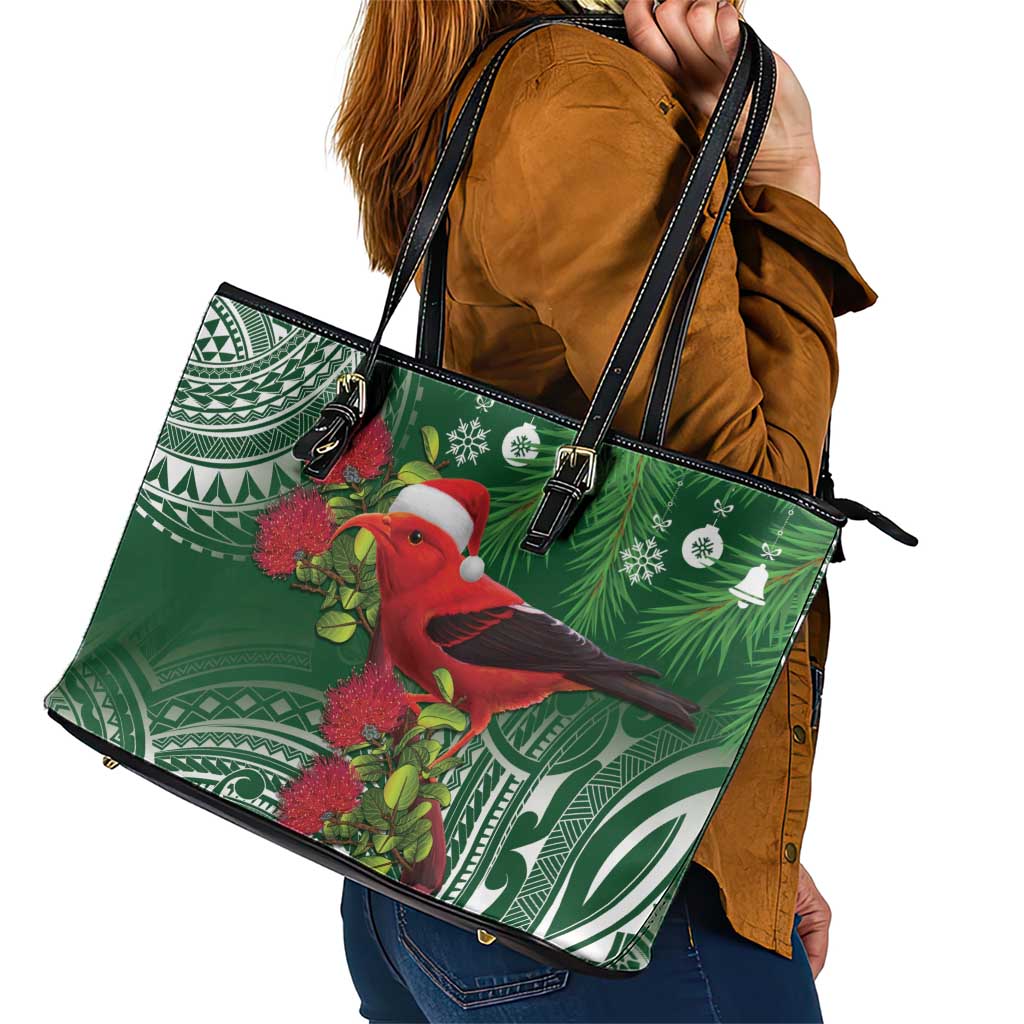 Christmas Hawaii with I'iwi Bird Leather Tote Bag Aloha Mele Kalikimaka - Green Art