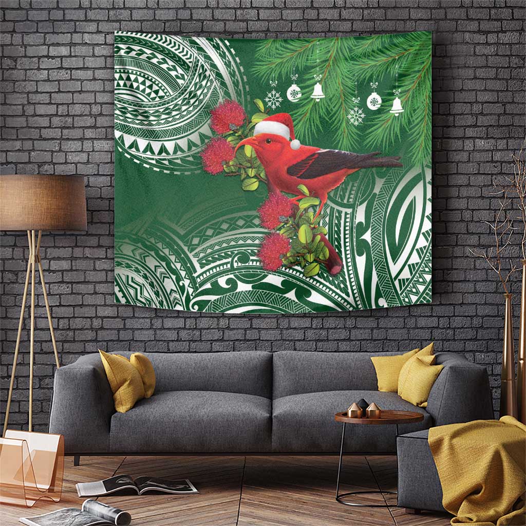 Christmas Hawaii with I'iwi Bird Tapestry Aloha Mele Kalikimaka - Green Art LT9 Green - Polynesian Pride