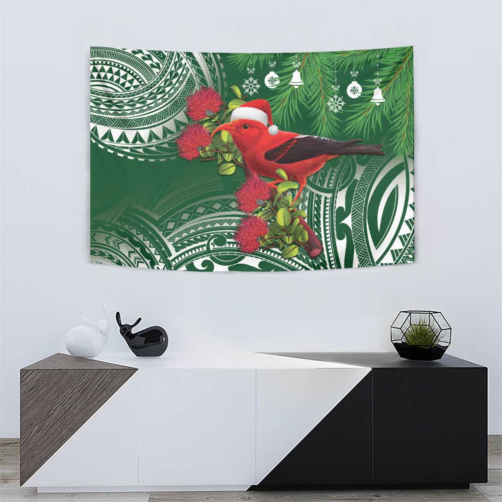 Christmas Hawaii with I'iwi Bird Tapestry Aloha Mele Kalikimaka - Green Art LT9 - Polynesian Pride
