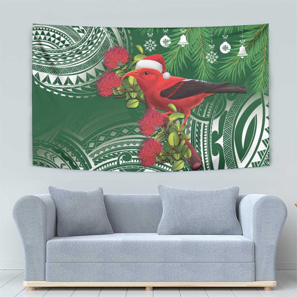 Christmas Hawaii with I'iwi Bird Tapestry Aloha Mele Kalikimaka - Green Art LT9 - Polynesian Pride