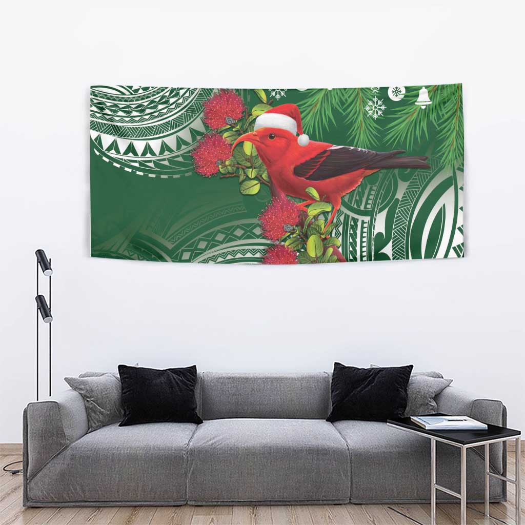 Christmas Hawaii with I'iwi Bird Tapestry Aloha Mele Kalikimaka - Green Art LT9 - Polynesian Pride