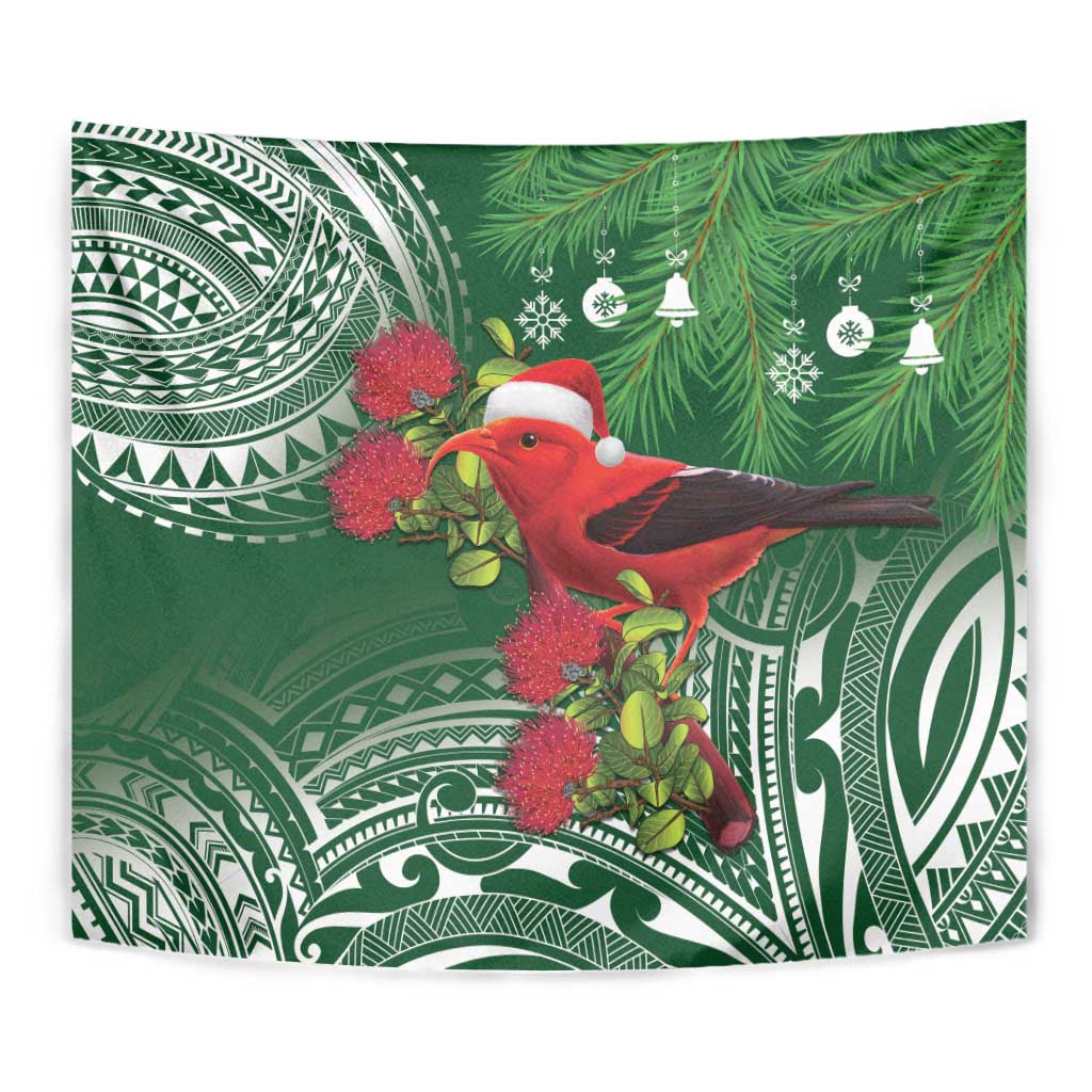 Christmas Hawaii with I'iwi Bird Tapestry Aloha Mele Kalikimaka - Green Art LT9 - Polynesian Pride
