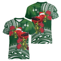 Christmas Hawaii with I'iwi Bird Women V-Neck T-Shirt Aloha Mele Kalikimaka - Green Art