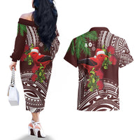Christmas Hawaii with I'iwi Bird Couples Matching Off The Shoulder Long Sleeve Dress and Hawaiian Shirt Aloha Mele Kalikimaka - Oxblood Art