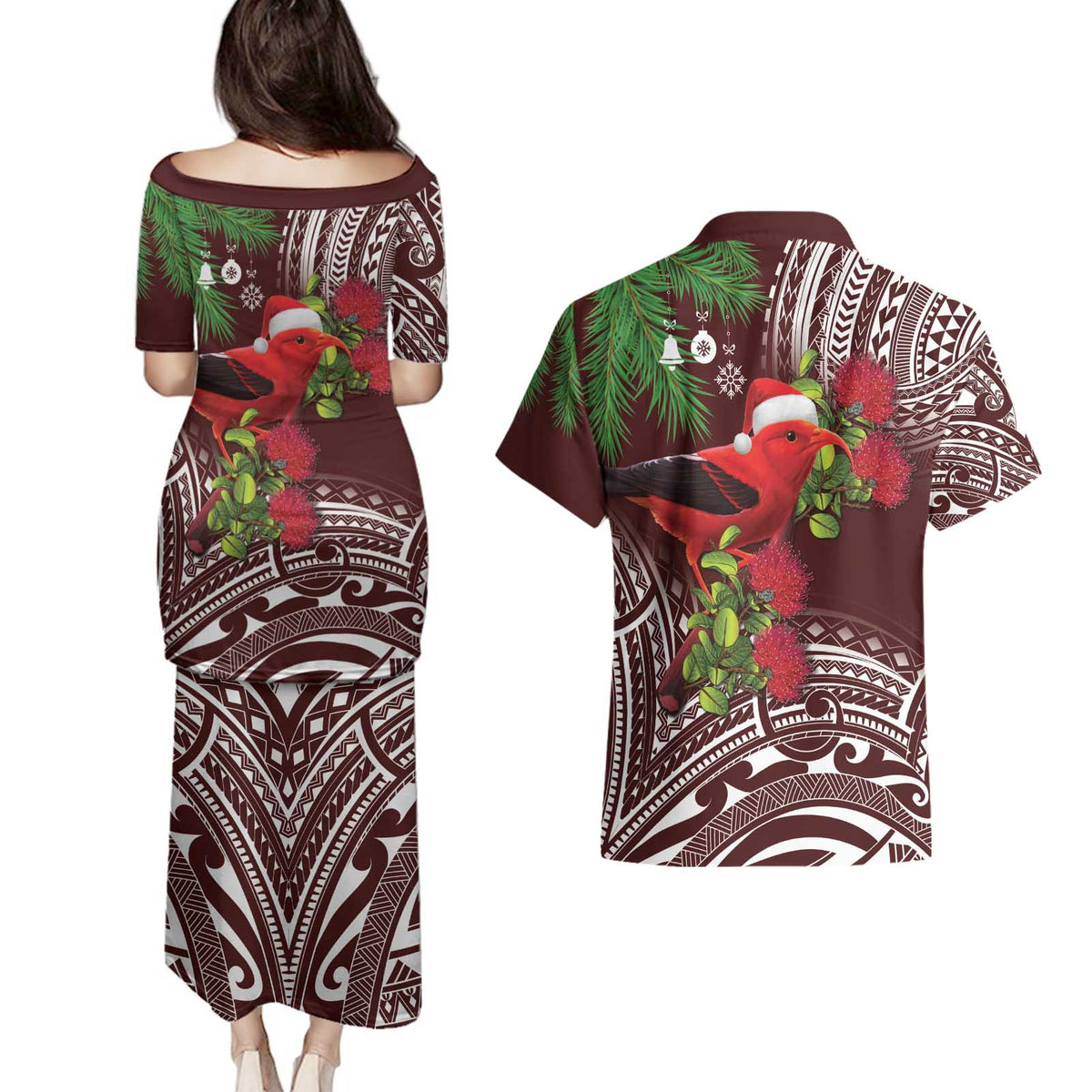 Christmas Hawaii with I'iwi Bird Couples Matching Puletasi and Hawaiian Shirt Aloha Mele Kalikimaka - Oxblood Art