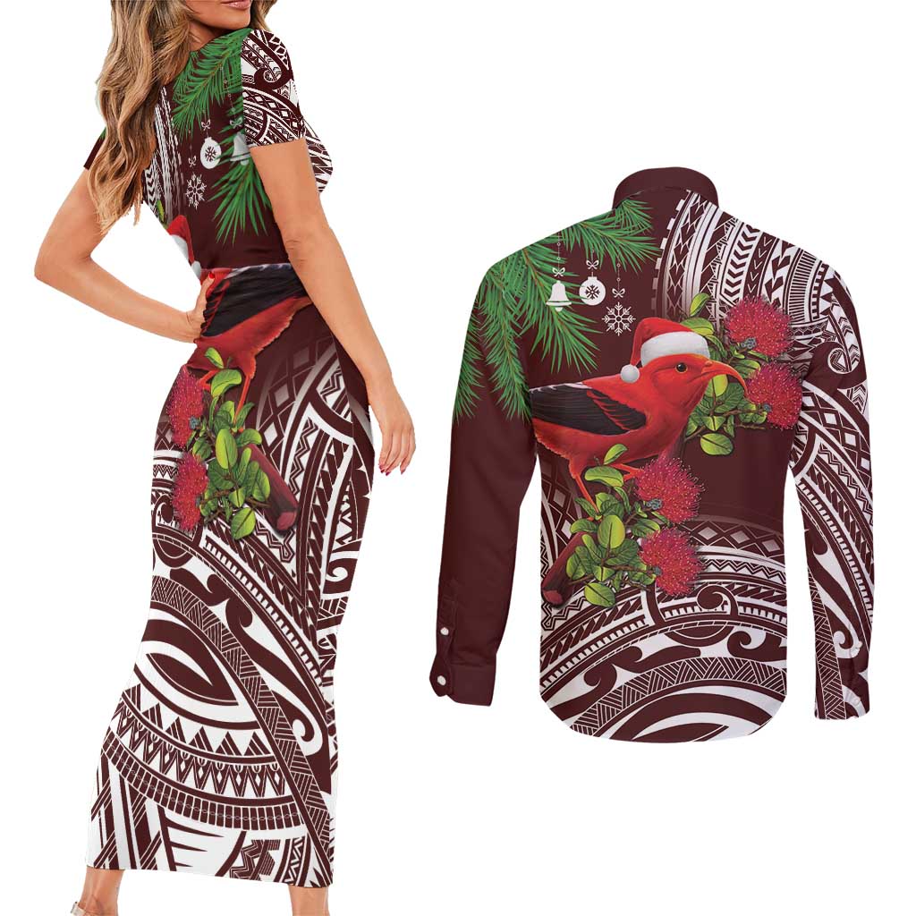 Christmas Hawaii with I'iwi Bird Couples Matching Short Sleeve Bodycon Dress and Long Sleeve Button Shirt Aloha Mele Kalikimaka - Oxblood Art
