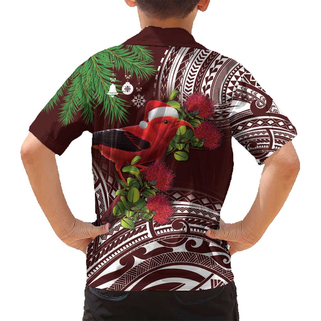 Christmas Hawaii with I'iwi Bird Family Matching Long Sleeve Bodycon Dress and Hawaiian Shirt Aloha Mele Kalikimaka - Oxblood Art