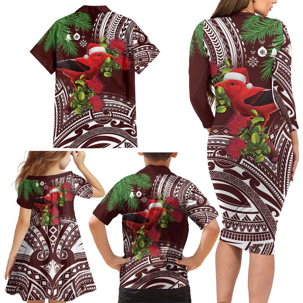 Christmas Hawaii with I'iwi Bird Family Matching Long Sleeve Bodycon Dress and Hawaiian Shirt Aloha Mele Kalikimaka - Oxblood Art