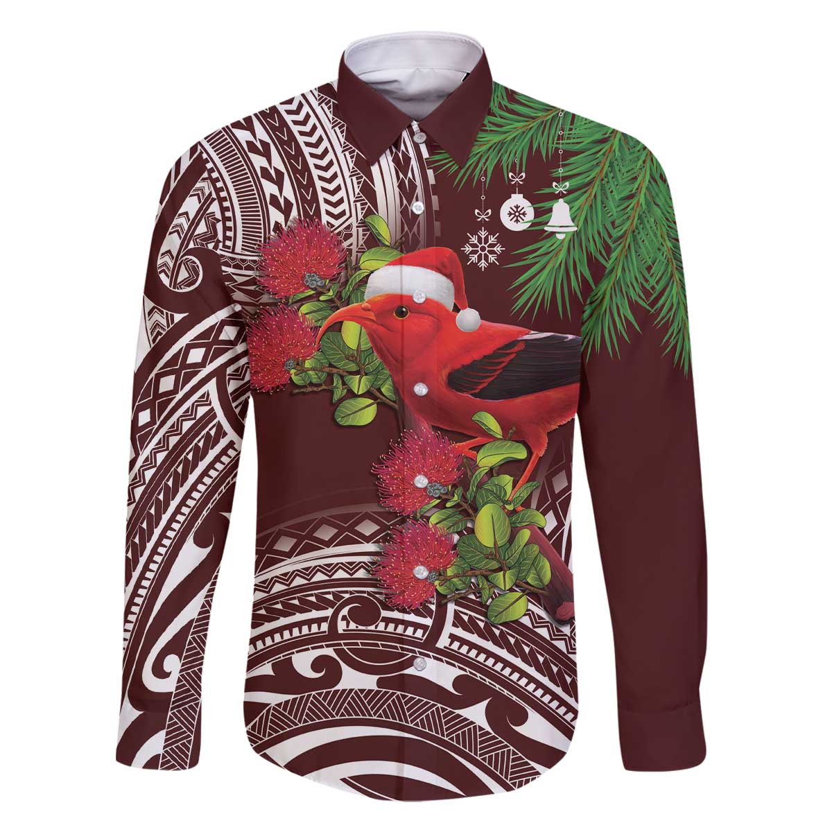 Christmas Hawaii with I'iwi Bird Family Matching Off The Shoulder Long Sleeve Dress and Hawaiian Shirt Aloha Mele Kalikimaka - Oxblood Art