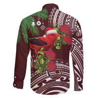 Christmas Hawaii with I'iwi Bird Family Matching Off The Shoulder Long Sleeve Dress and Hawaiian Shirt Aloha Mele Kalikimaka - Oxblood Art