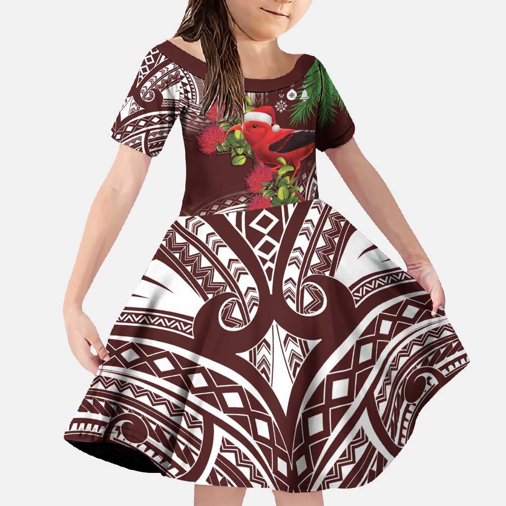 Christmas Hawaii with I'iwi Bird Family Matching Tank Maxi Dress and Hawaiian Shirt Aloha Mele Kalikimaka - Oxblood Art LT9 Daughter's Dress Oxblood - Polynesian Pride