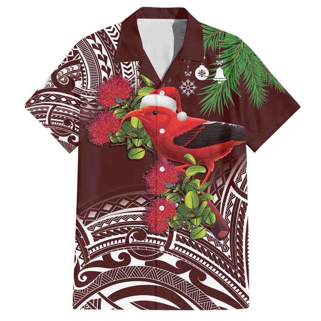 Christmas Hawaii with I'iwi Bird Family Matching Tank Maxi Dress and Hawaiian Shirt Aloha Mele Kalikimaka - Oxblood Art LT9 Dad's Shirt - Short Sleeve Oxblood - Polynesian Pride