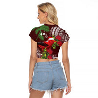 Christmas Hawaii with I'iwi Bird Raglan Cropped T Shirt Aloha Mele Kalikimaka - Oxblood Art