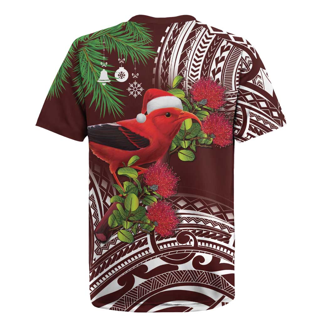 Christmas Hawaii with I'iwi Bird Rugby Jersey Aloha Mele Kalikimaka - Oxblood Art