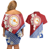 French Polynesia Couples Matching Off Shoulder Short Dress and Hawaiian Shirt Tahitian Tiare Flowers Tribal