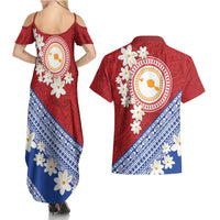 French Polynesia Couples Matching Summer Maxi Dress and Hawaiian Shirt Tahitian Tiare Flowers Tribal