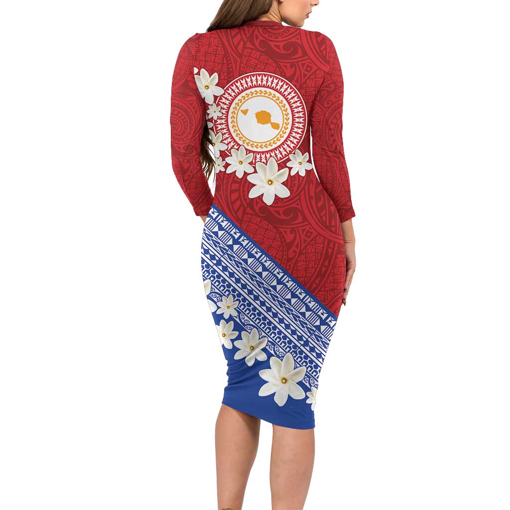 French Polynesia Family Matching Long Sleeve Bodycon Dress and Hawaiian Shirt Tahitian Tiare Flowers Tribal
