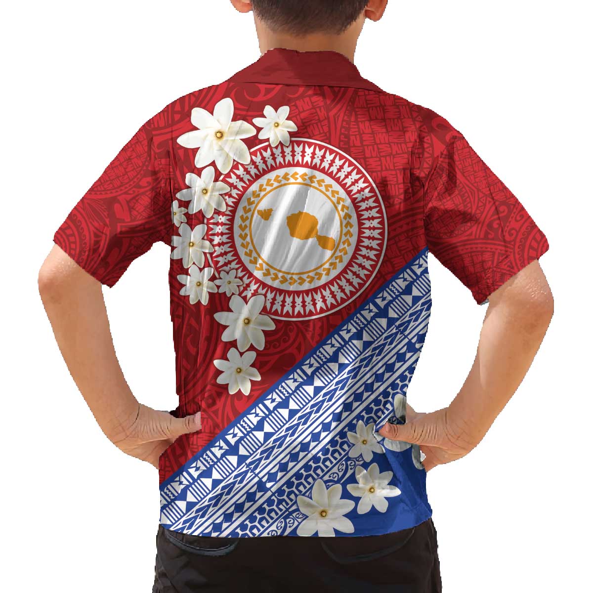 French Polynesia Family Matching Off The Shoulder Long Sleeve Dress and Hawaiian Shirt Tahitian Tiare Flowers Tribal