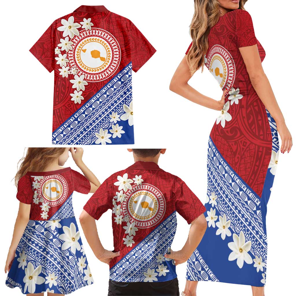 French Polynesia Family Matching Short Sleeve Bodycon Dress and Hawaiian Shirt Tahitian Tiare Flowers Tribal