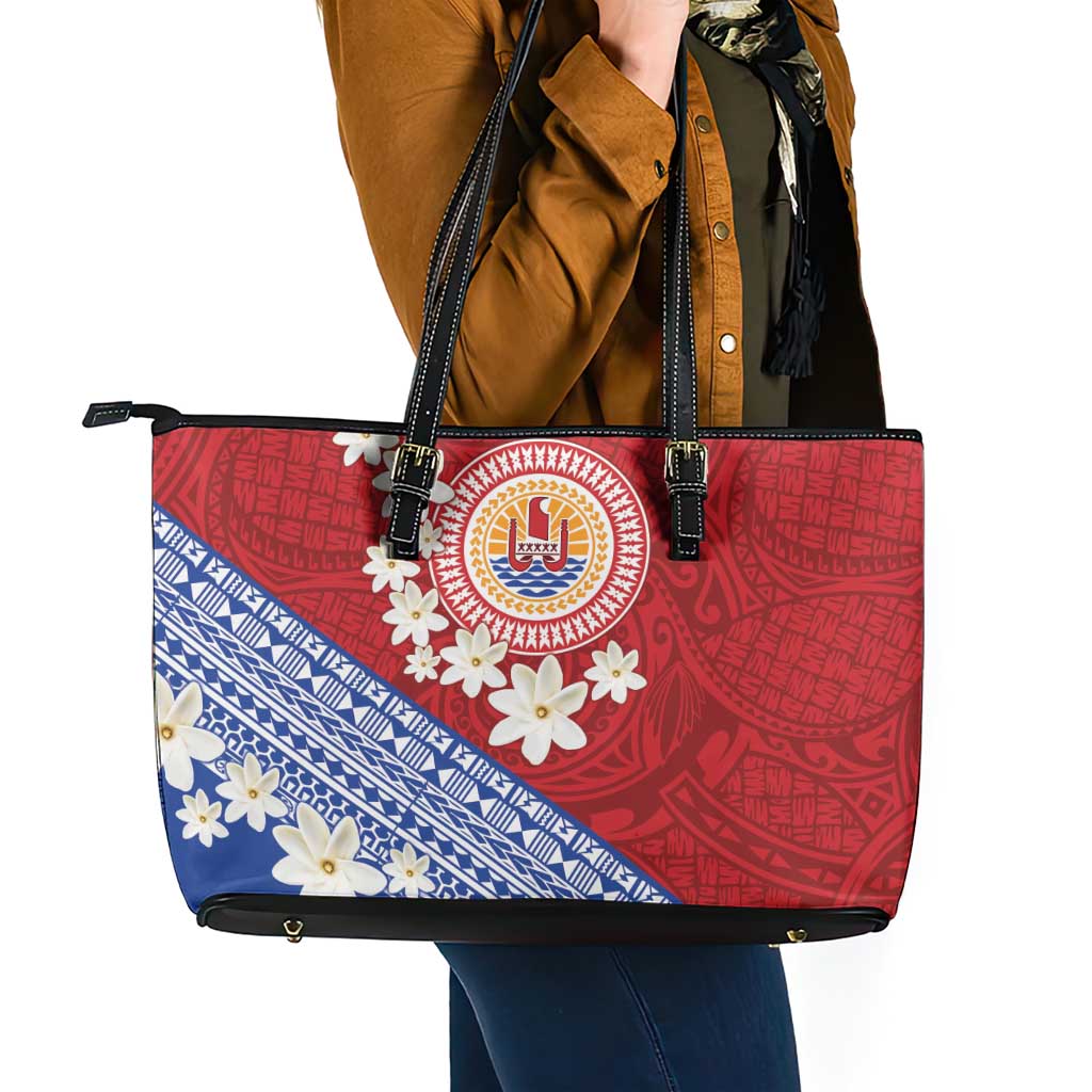 French Polynesia Leather Tote Bag Tahitian Tiare Flowers Tribal