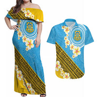 Tuvalu Plumeria Flowers Couples Matching Off Shoulder Maxi Dress and Hawaiian Shirt Polynesian Tribal Pattern