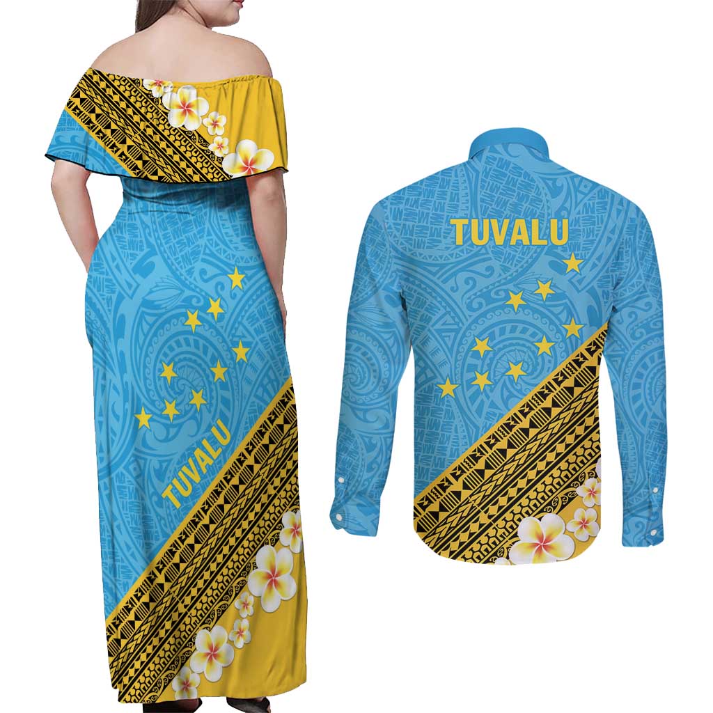Tuvalu Plumeria Flowers Couples Matching Off Shoulder Maxi Dress and Long Sleeve Button Shirt Polynesian Tribal Pattern