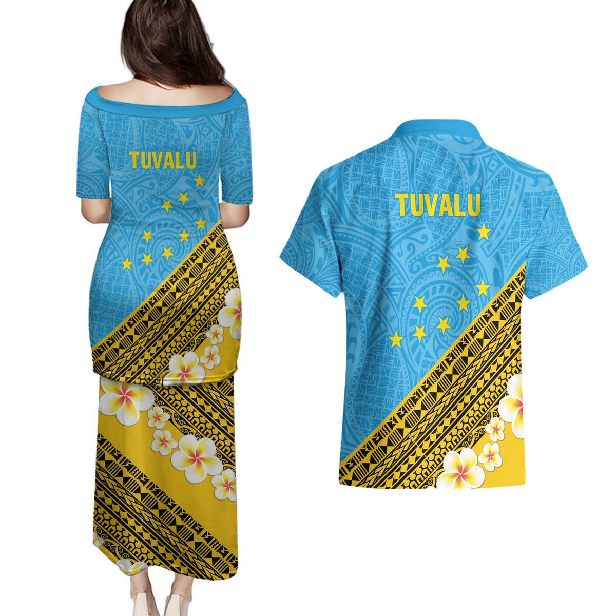 Tuvalu Plumeria Flowers Couples Matching Puletasi and Hawaiian Shirt Polynesian Tribal Pattern