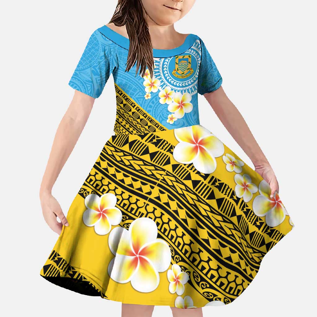 Tuvalu Plumeria Flowers Family Matching Tank Maxi Dress and Hawaiian Shirt Polynesian Tribal Pattern LT9 Daughter's Dress Blue - Polynesian Pride
