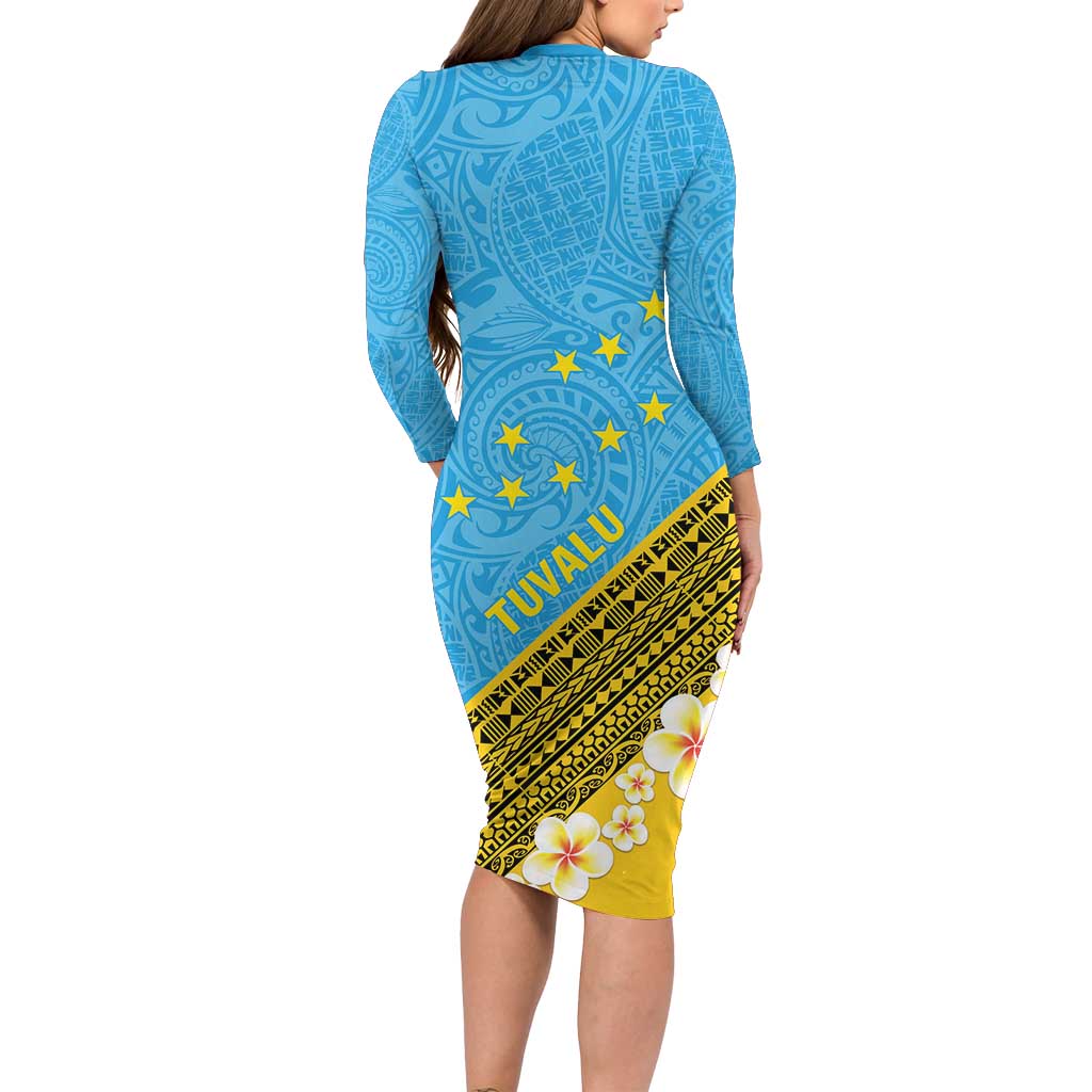 Tuvalu Plumeria Flowers Long Sleeve Bodycon Dress Polynesian Tribal Pa - Polynesian Pride Tuvalu Plumeria Flowers Long Sleeve Bodycon Dress Polynesian Tribal Pa - Polynesian Pride
