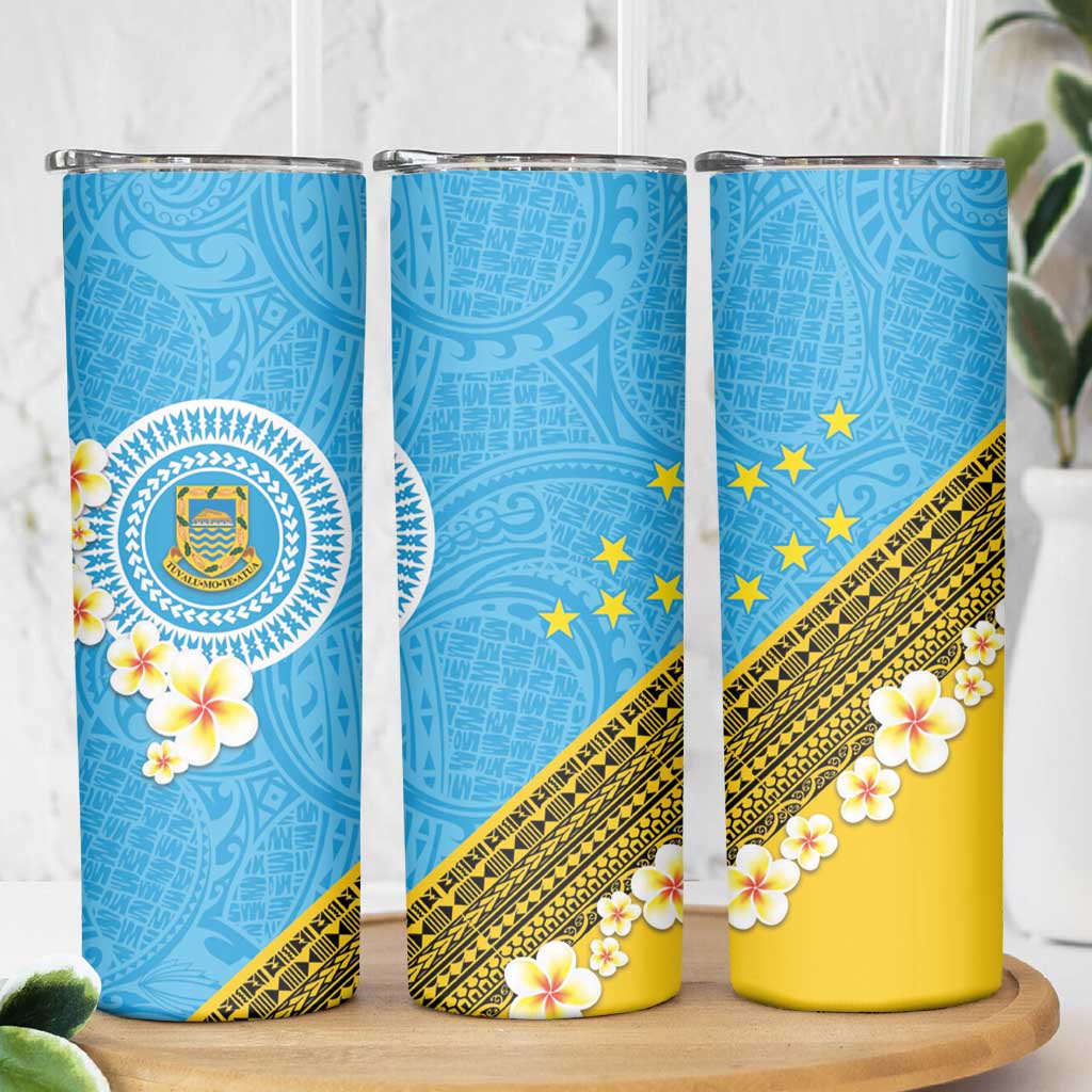 Tuvalu Plumeria Flowers Skinny Tumbler Polynesian Tribal Pattern