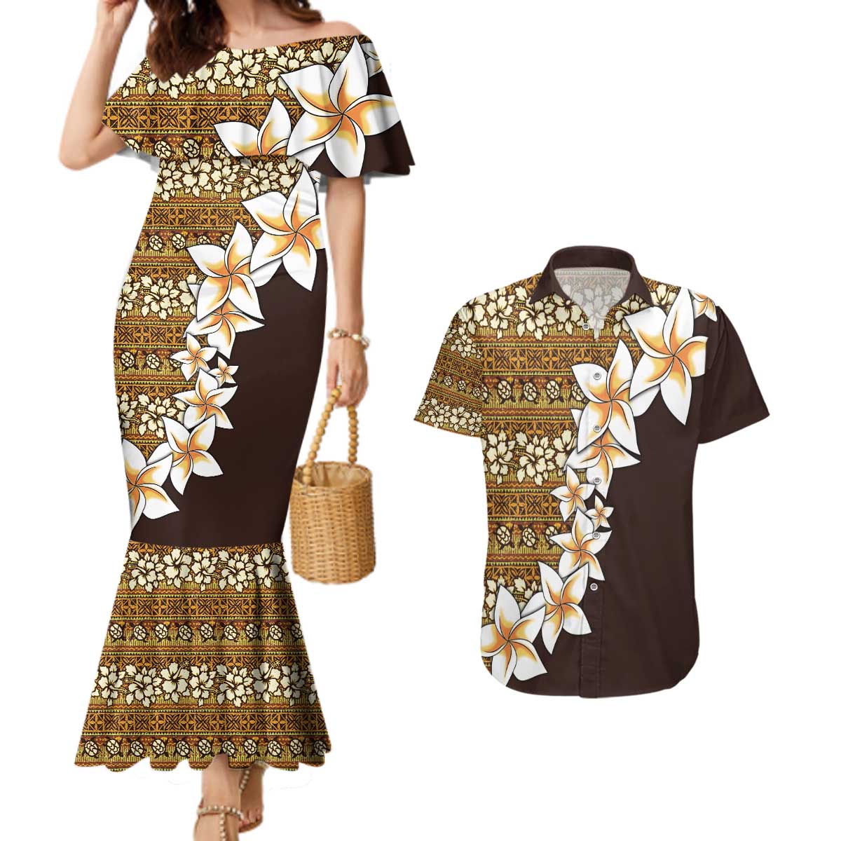 Vintage Hibiscus Turtle Pattern Couples Matching Mermaid Dress and Hawaiian Shirt with Plumeria Half Style LT9 Gold - Polynesian Pride