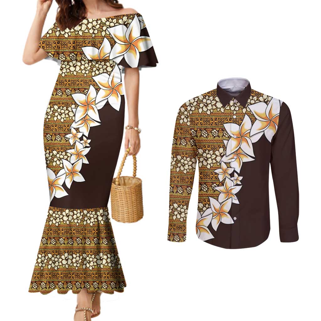 Vintage Hibiscus Turtle Pattern Couples Matching Mermaid Dress and Long Sleeve Button Shirt with Plumeria Half Style LT9 Gold - Polynesian Pride