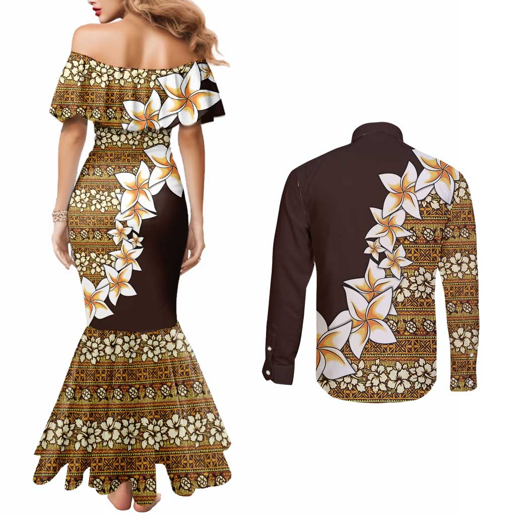 Vintage Hibiscus Turtle Pattern Couples Matching Mermaid Dress and Long Sleeve Button Shirt with Plumeria Half Style