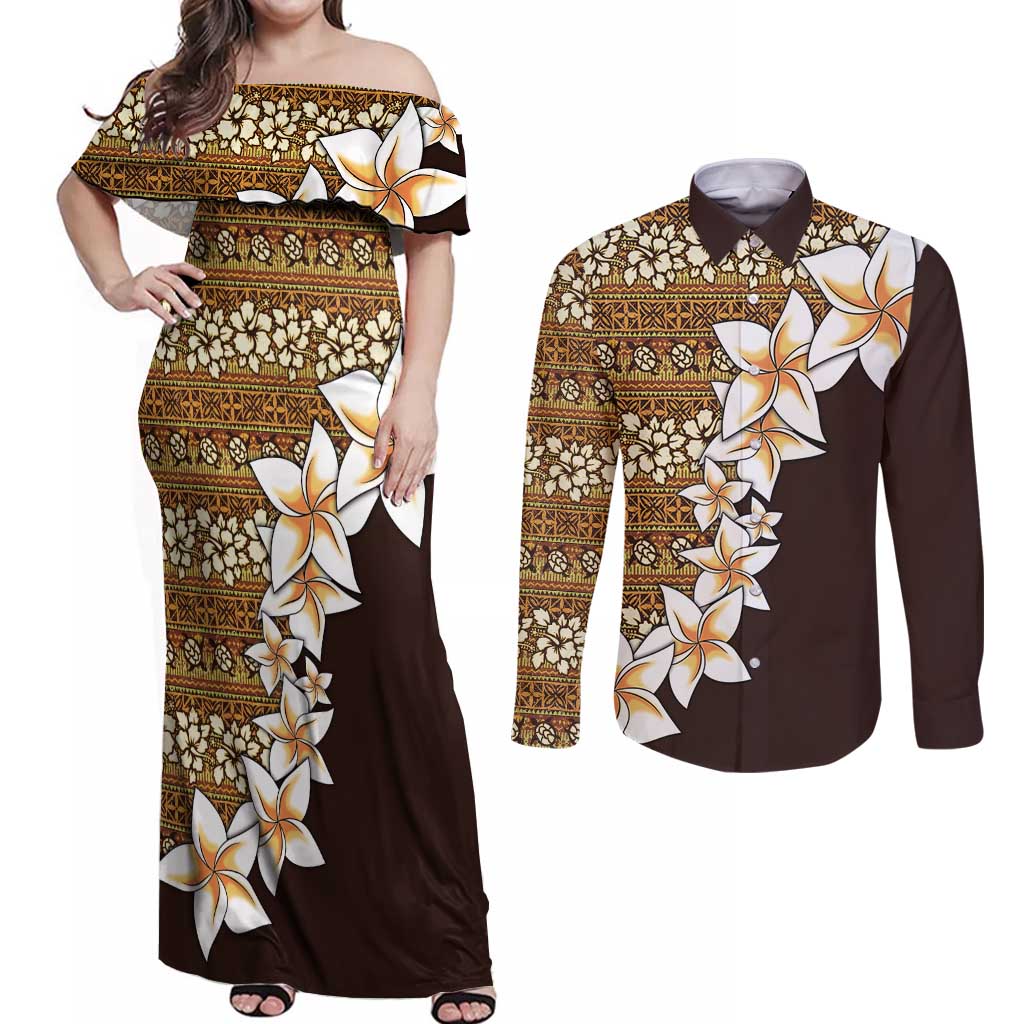 Vintage Hibiscus Turtle Pattern Couples Matching Off Shoulder Maxi Dress and Long Sleeve Button Shirt with Plumeria Half Style