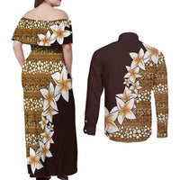 Vintage Hibiscus Turtle Pattern Couples Matching Off Shoulder Maxi Dress and Long Sleeve Button Shirt with Plumeria Half Style