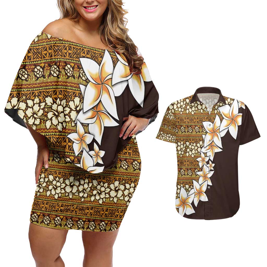 Vintage Hibiscus Turtle Pattern Couples Matching Off Shoulder Short Dress and Hawaiian Shirt with Plumeria Half Style LT9 Gold - Polynesian Pride